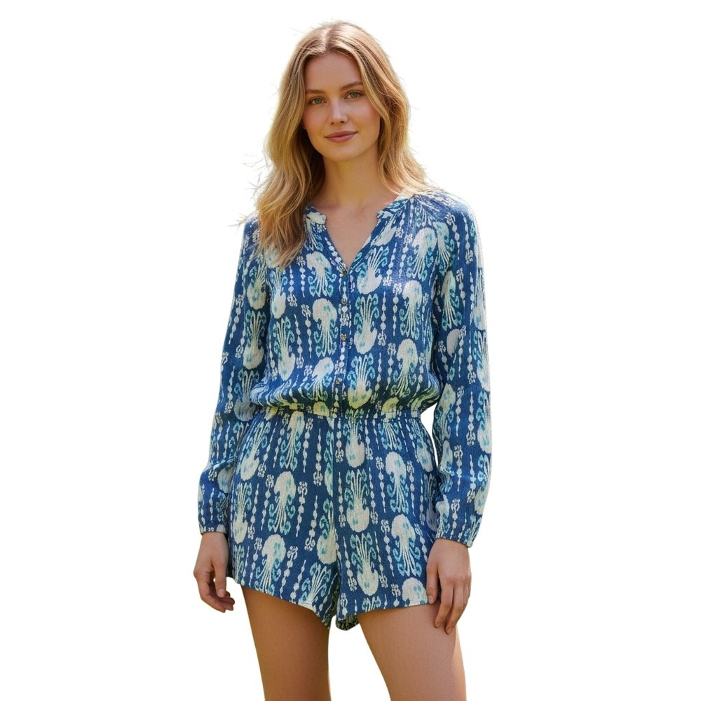 Lilly‎ Pulitzer Romper Ikat Print Long Sleeve Elastic Waist XS Blue White